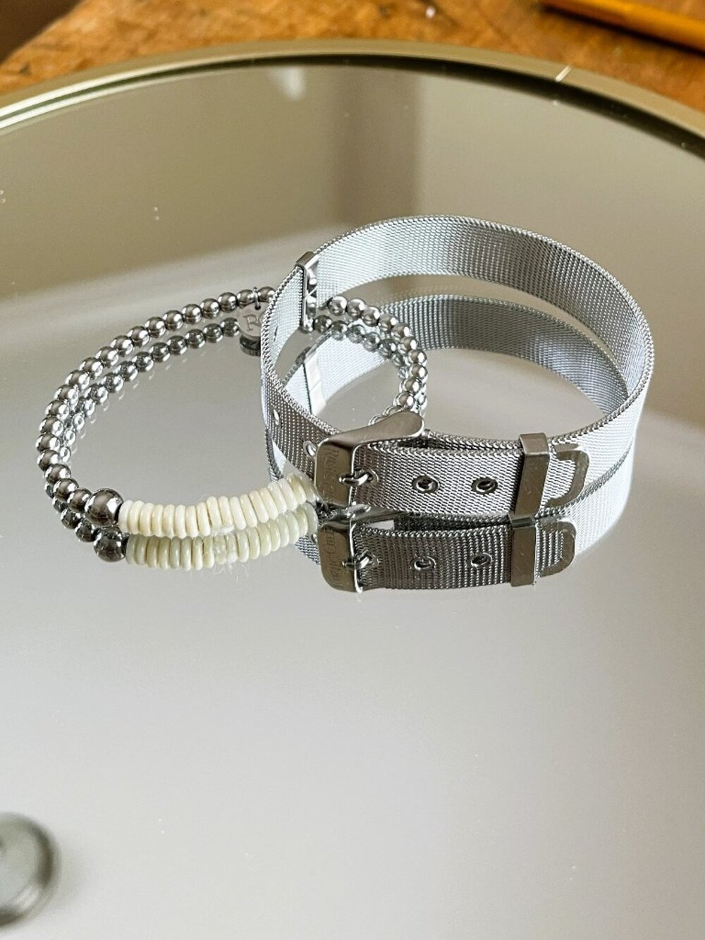 Rustic Cuff Set of Two Silver and Red Signed Logo Bracelets